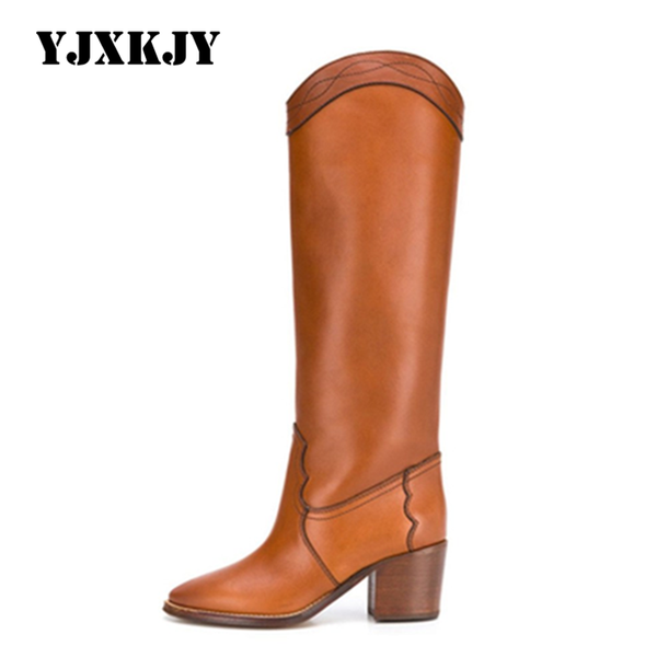 

boots yjxkjy 2021 women's chunky thick heel genuine leather high-heeled ladies knee high for women straight knight, Black
