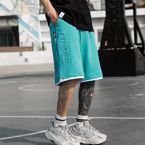 

summer men's stitching fake two-piece casual sports shorts basketball running workout english graphic cotton basic pants, White;black