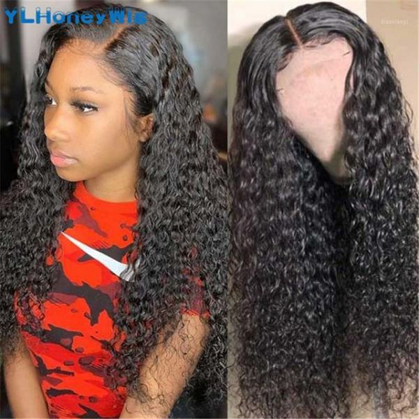 

ylhoney brazilian water wave curly 13x4 lace front human hair wigs 26 28 30 32inch deep long frontal wig for black women1, Black;brown