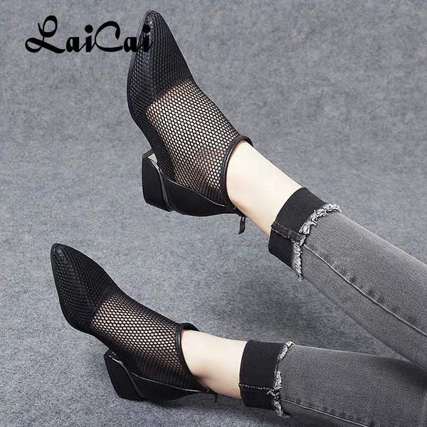 

dress shoes ladies pump heel soft leather kitten heels mesh boots hollow low breathable women pointed toe sandals, Black