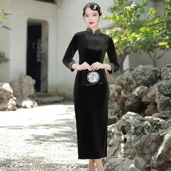 

ethnic clothing women black elegant qipao velour autumn 3/4 sleeve cheongsam oversize chinese split dresses vintage formal party vestidos, Red