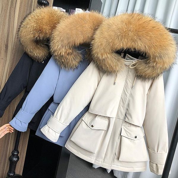 

women's wool & blends large natural raccoon fur hooded winter down coat women 90% white duck jacket thick warm parkas female outerwear, Black