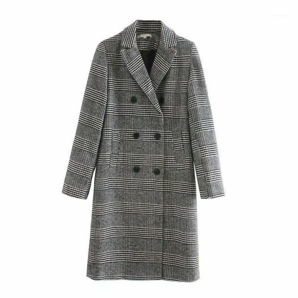 

women's wool & blends 2021 autumn lapel collar long sleeve double breasted plaid for retro all match causal warm jacket, Black