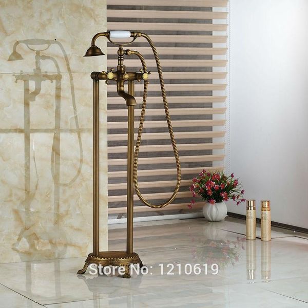 

ly floor type bathroom shower tub faucet w/ ceramic handheld antique brass bathtub mixer tap dual handles sets