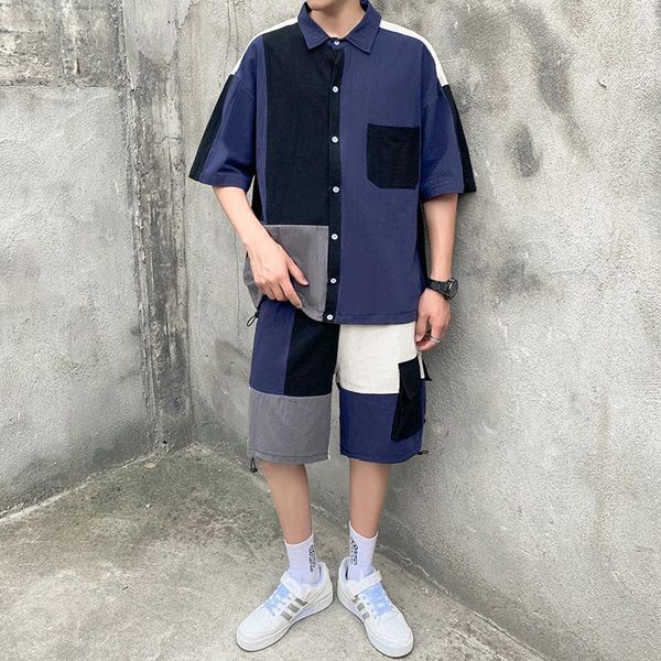 

men's tracksuits set clothing shirt shorts suit patchwork pocket korean style summer oversize casual cotton short knee-length pants fas, Gray