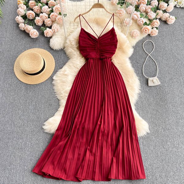 

draped spaghetti strap long dress for women summer beah pleated party vestidos female elegant open back maxi robe female, Black;gray