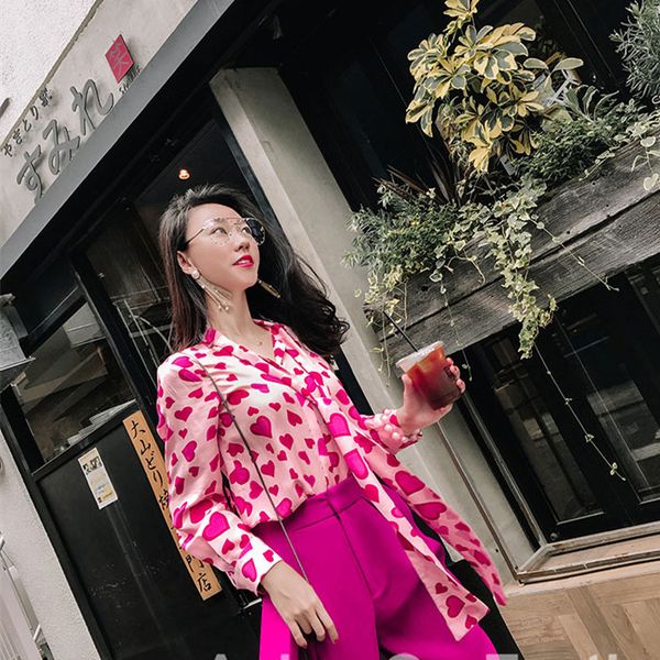 

women's blouses fashion designer sweety bow neck fuchsia heart love print blouse female office lady chiffon shirts top, White