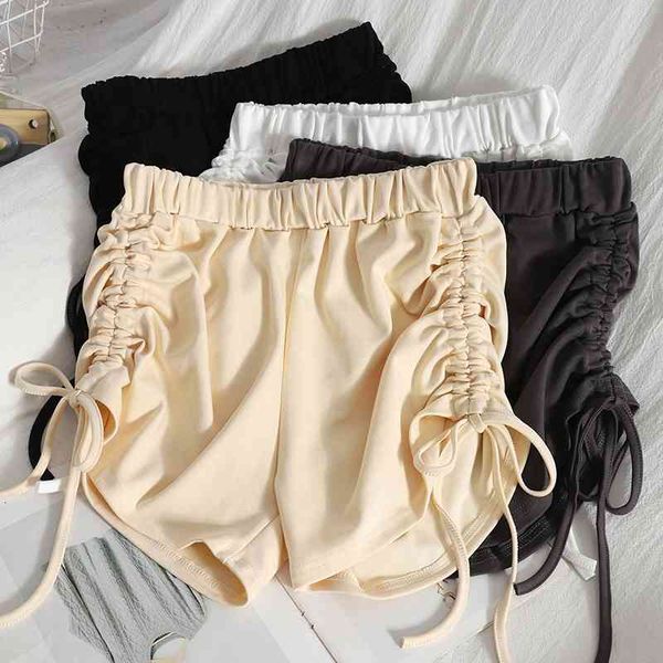 

women's shorts double drawstring shorts female summer solid color straight elastic waist casual shirring student sports women ex39, White;black