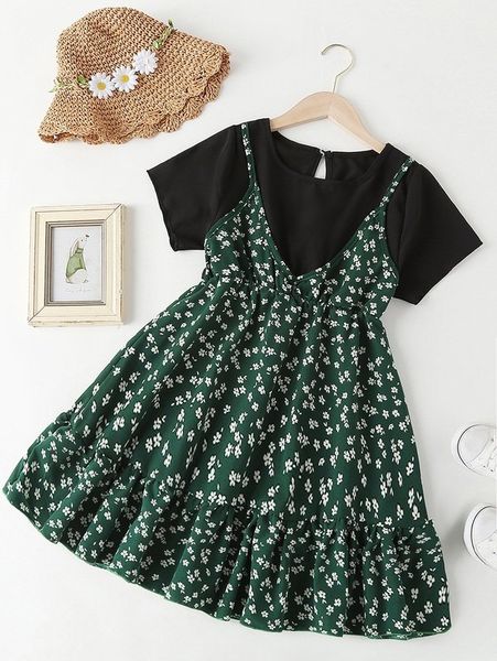 

girls ditsy floral print ruffle hem 2 in 1 dress she, Red;yellow