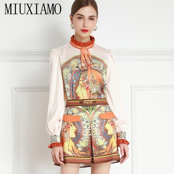 

women's tracksuits miuximao 2021 spring/autumn stand collar beauty print lantern long sleeve bow shirt + high waist shorts suit women 2, Gray