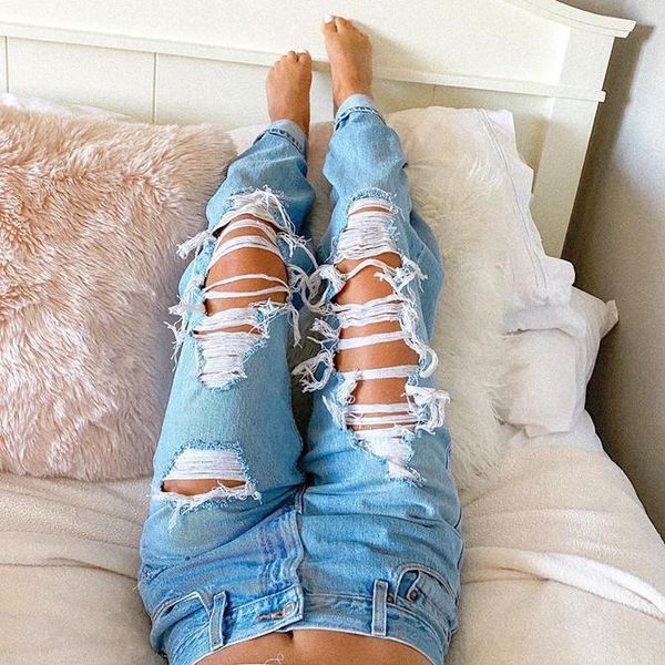 

wholesale jeans pants usa euro africa fashion women casual ripped hole high waist straight-leg women's, Blue