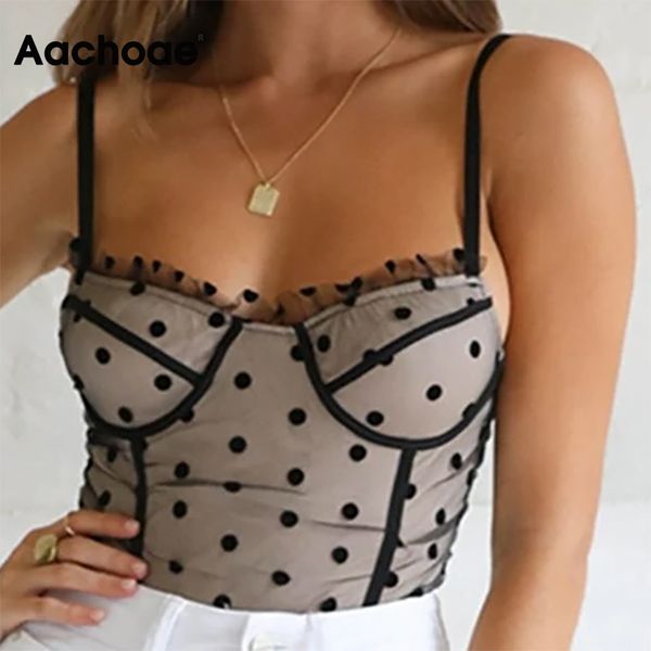 

summer spaghetti strap dot tank women high street mesh cropped camis baless party holiday short camisole, Black;white