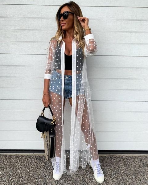 

woman's polka dot beach smock lapel long sleeve mesh perspective coat daily life and vacation women's swimwear, White;black