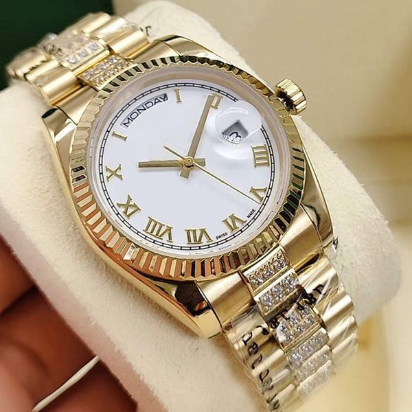 Relógio automático masculino e feminino, data da semana, face romana, pulseira de 36mm, fileira intermediária, diamante, fivela dobrável de aço inoxidável