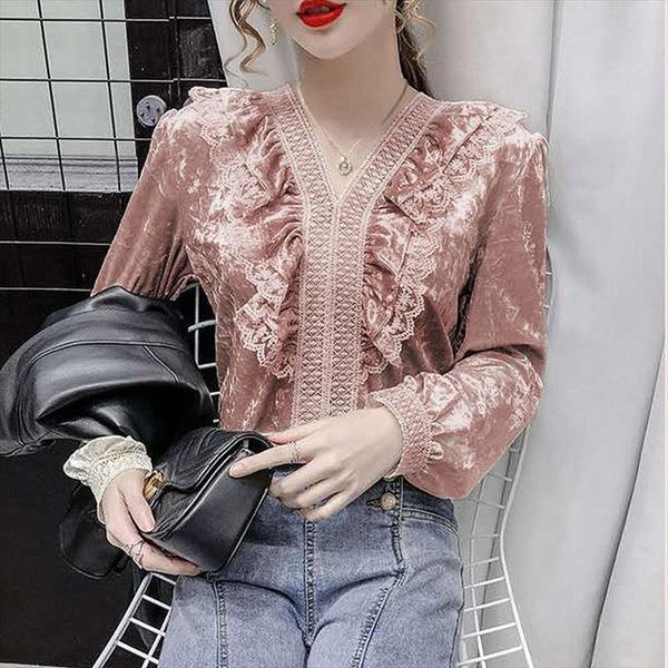 

autumn vintage lace ruffled velvet womens shirts blusas mujer de moda, White