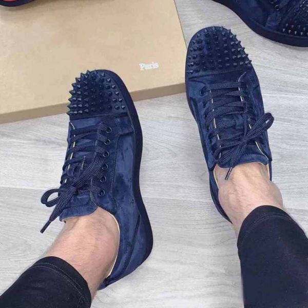 

designer red bottom low cut spikes flats casual shoes grey blue suede silver diamond men women sneakers with box dust bag eu 35-47, Black