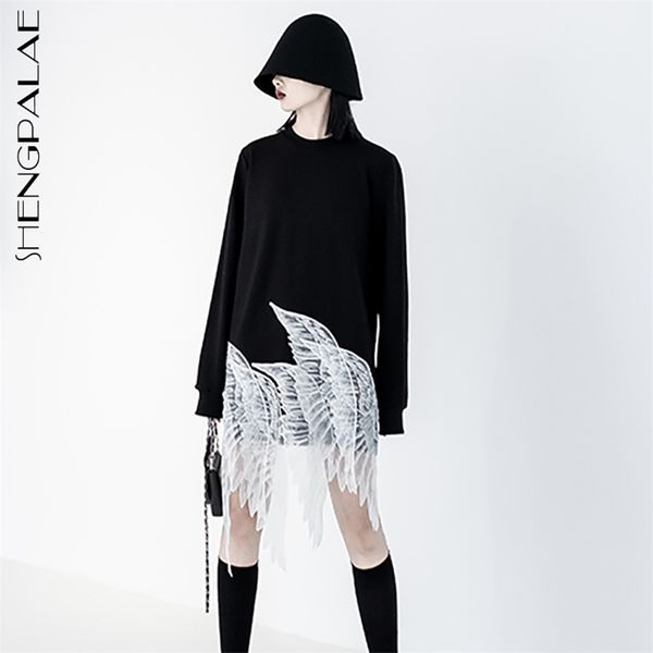 

shengpllae irregular angel wings mesh patchwork dress women's spring round neck long sleeve fashion mini dresses 5b293 210427, Black;gray