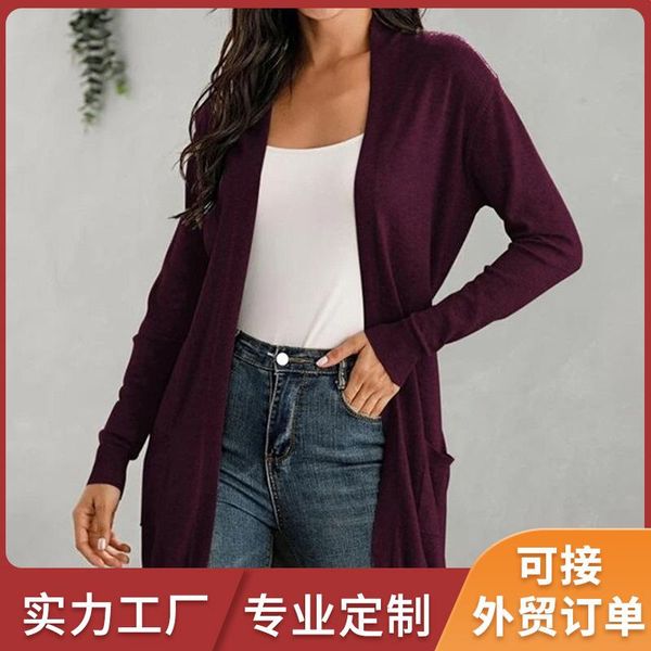 

women's knits & tees product casual and comfortable long-sleeved knitted cardigan with long pockets 2021, White