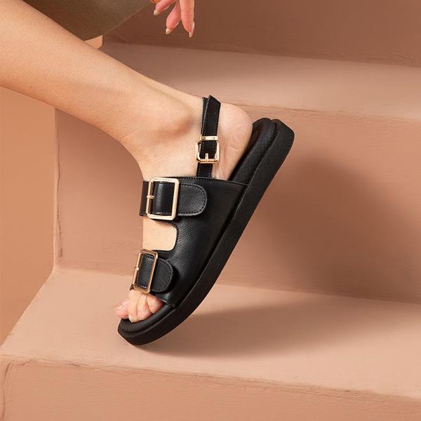 

sandals meotina gladiator shoes women genuine leather buckle flat round toe cow ladies summer black fashion 2021