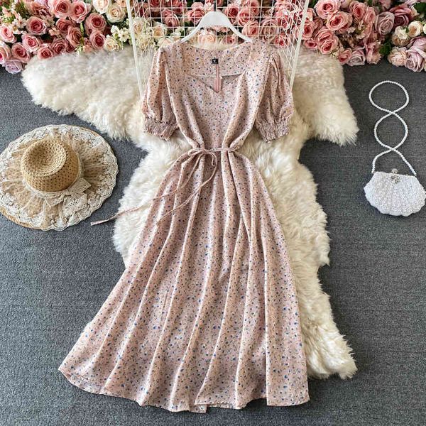 Verão Beach Boho Vestido Mulheres Doce Elegante Retro V Neck Slow Sleeve Plissado Cintura Slim Chiffon Midi Vestido Vestidos 210420