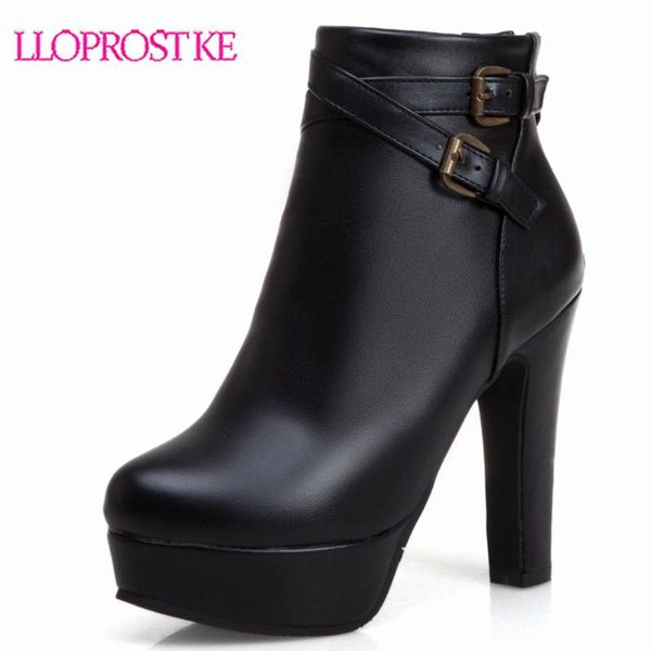 

boots lloprost ke 2021 ankle for women round toe zip high heels shoes platform female buckle autumn winter h506, Black