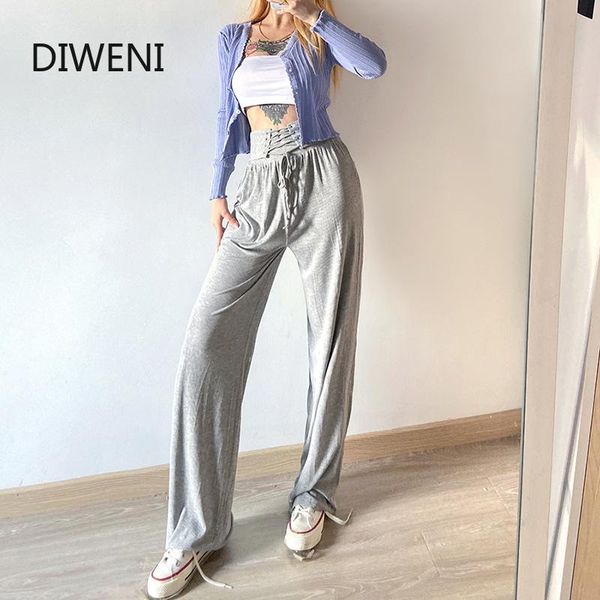 

gray casual high waist drawstring trousers women fashion clothing streetwear loose lady solid long pants 2021 women's & capris, Black;white