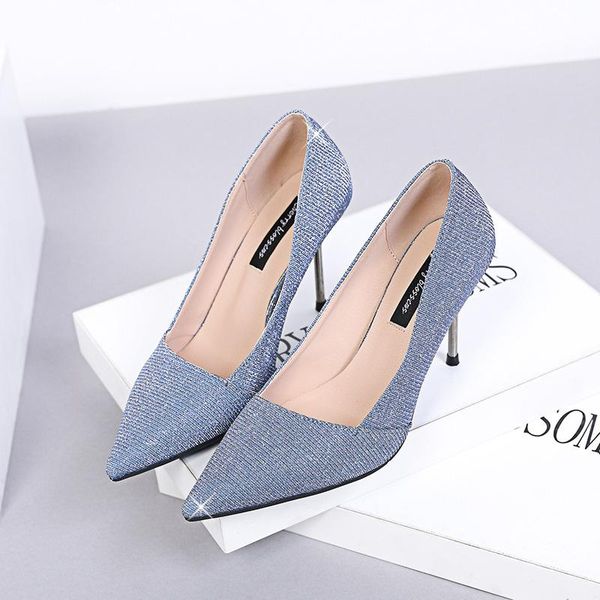 

spring and summer 2021 korean versatile sequin cloth pointed shallow metal slim heel high heels women's wedding shoes sandals, Black