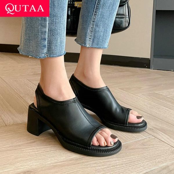 

peep toe sewing genuine leather casual summer women sandals slingback square high heel female shoes size 34-39, Black