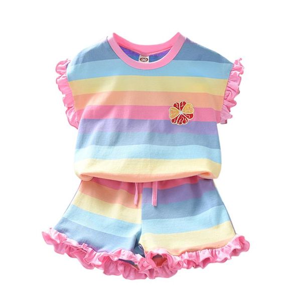 

clothing sets girls clothes summer casual suit rainbow stripe petal sleeve cotton t-shirt+shorts 2 pcs set kids children outfit 2-7y, White