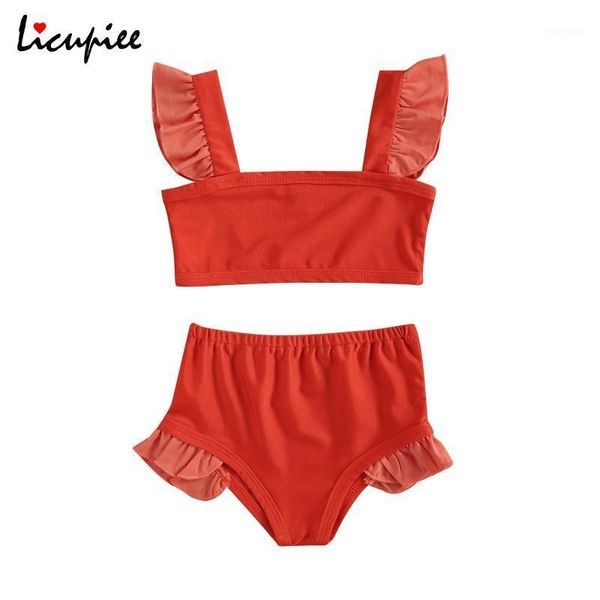 

clothing sets 1-5 years girl's two piece swimsuit, children's patchwork ruffle shoulder vest high waist swimming shorts for kids1, White