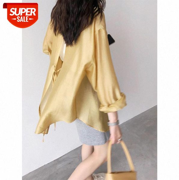 

be careful, back slits, high-gloss sun protection clothing, casual shirts, women's loose mid-length style #9e9g, Black;gray