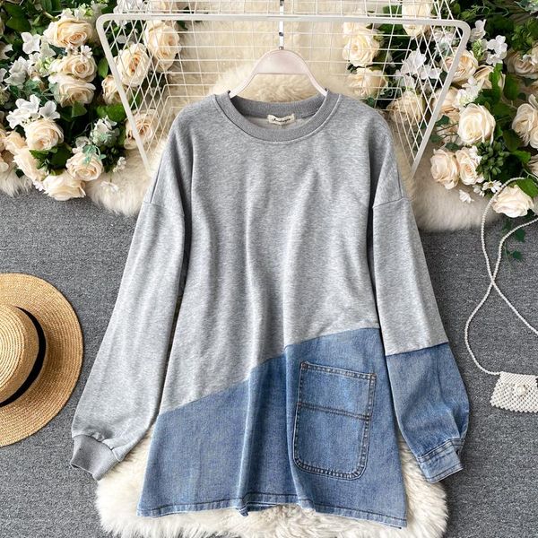 

women's hoodies & sweatshirts casual o-neck women pullover loose oversized hip hop chic patchwork denim cotton sweatshrit, Black
