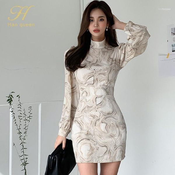 

casual dresses h han queen 2021 autumn women slim vintage printing pencil dress elegant korean simple bodycon work office vestidos1, Black;gray
