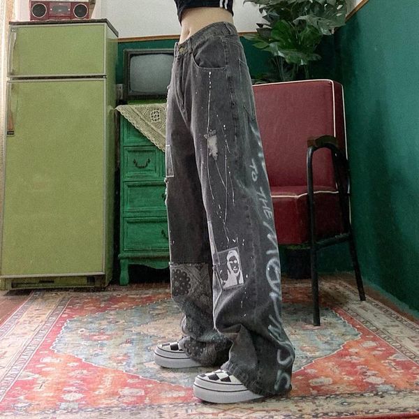 

women's jeans varofi street hip-hop beautiful male and female jeans y2k, vintage style water wash, flower paste, bf, loose xnwk, Blue