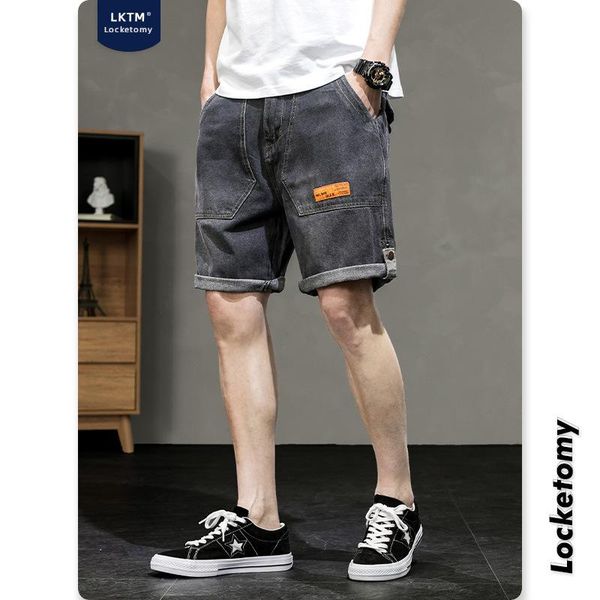 

men's jeans lktm # shorts large size loose trend straight black fat 5-point pants, Blue