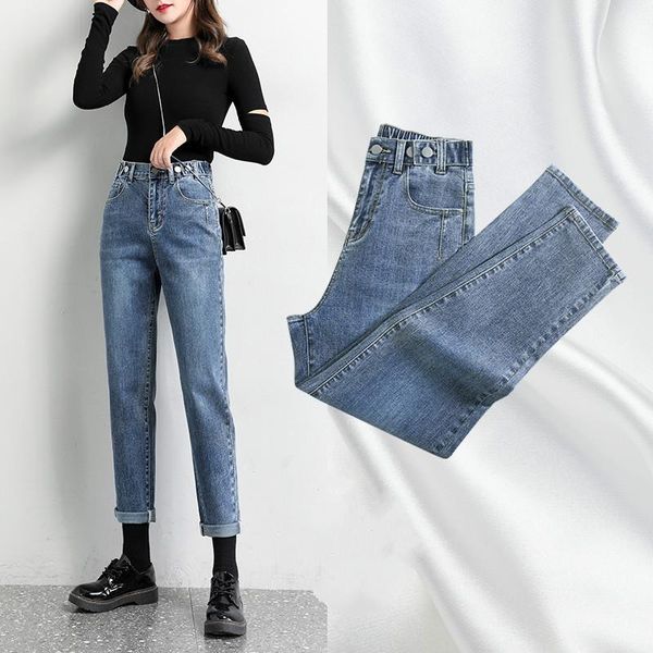 

women's jeans oneimirry 2021 autumn high waist woman harem ankle-lenght pencil pants slim adjustable button black denim, Blue