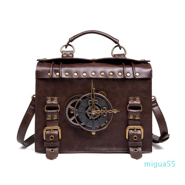 Çapraz Vücut PU Deri Kadın Tasarımcı Çanta Kızlar Shopper Çantalar Moda Steampunk Endüstriyel Retro Tarzı Saat Rivet Crossbody Çanta