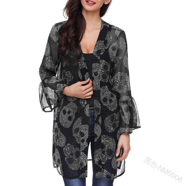 

long sleeved chiffon cardigan womens shirts plus size skull print casual gothic shirt s 5xl, White