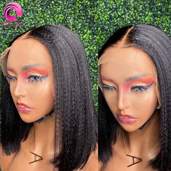 

lace wigs eva yaki straight front wig pre plucked 13x6 human hair with baby brazilian closure short bob, Black;brown