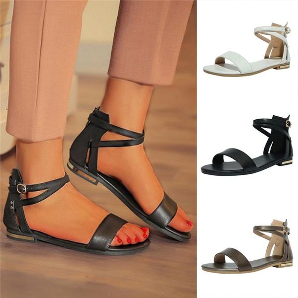 

sandals 2021 women's cute open toes one band ankle strap buckle flat roman national plus size 43, Black