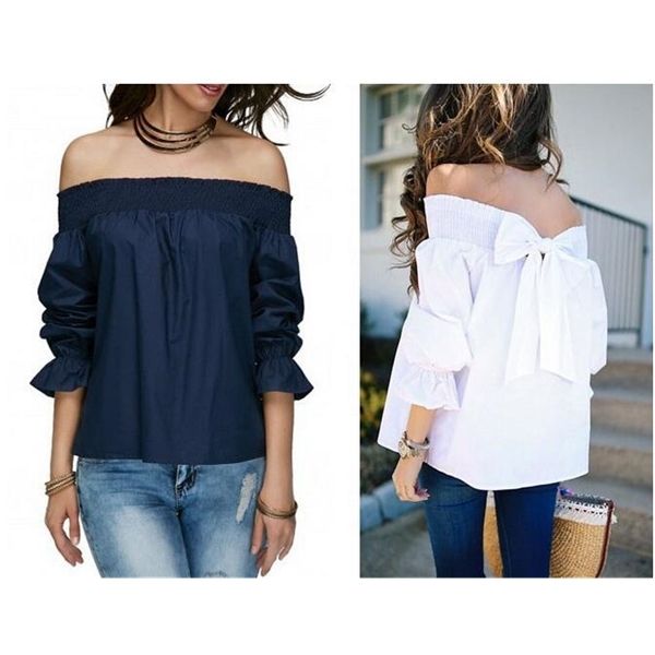 Mulheres Blusas Off Ombro Bow Top Feminino Camisas Sexy Moda Ruffle Manga Longa Tops Túnicas Oversized BluePlus Tamanho XL X0521