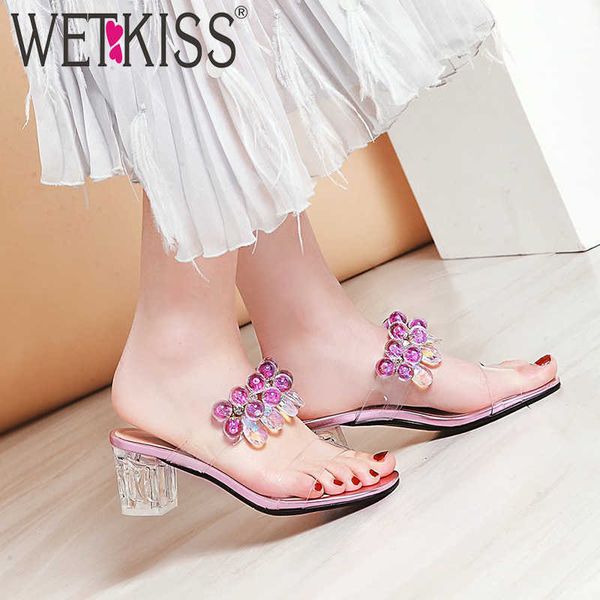 

wetkiss high heels slippers woman open toe footwear transparent pvc slides shoes female crystal mules shoes women summer 210630, Black