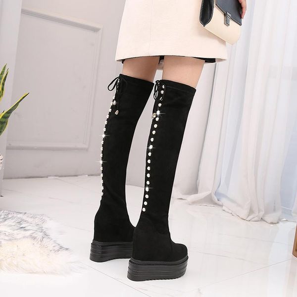 

women's above knee boots, round head shoes, increased height, 15cm autumn and winter leisure 2021 boots, Black