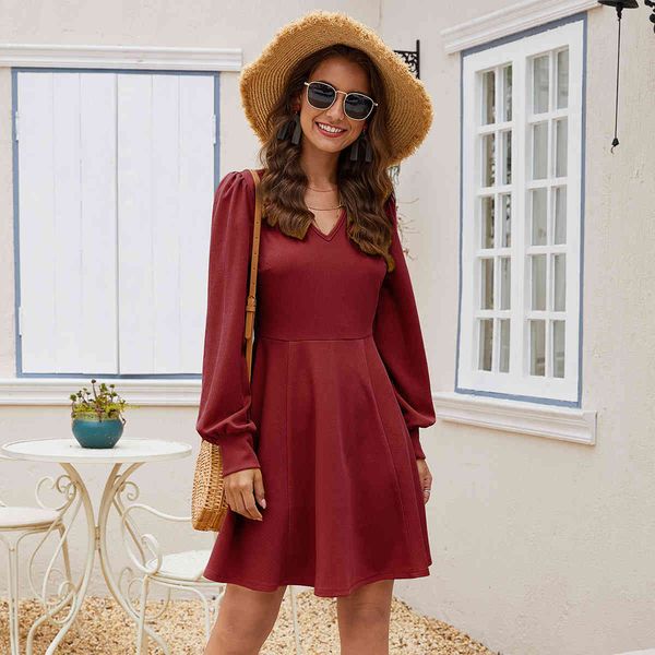 

jumpsuit simple red solid swing women mini v neck casual long sleeve female ruffles holiday party es vestidos, Black;white