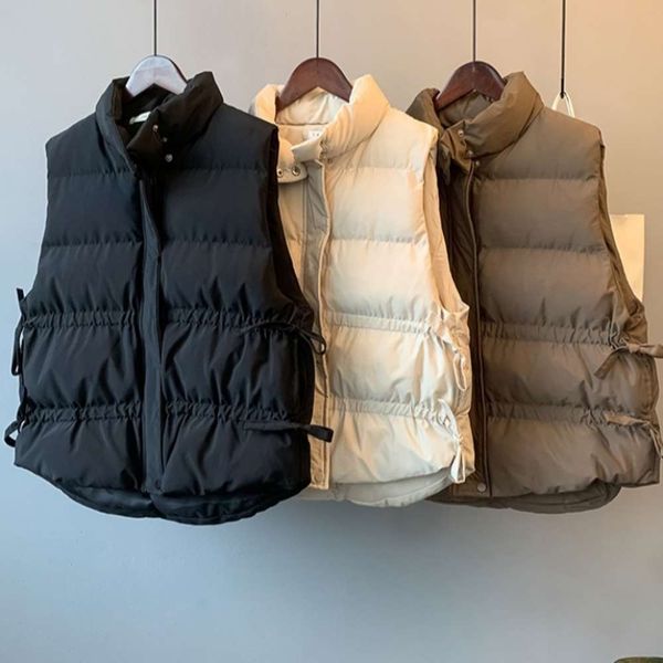 

autumn winter stand collar drawstring waist lean warm sleeveless down cotton vest jacket women, White
