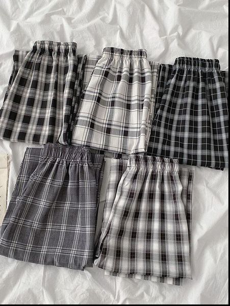 

spring checker casual korean elastic women capri high waist loose wide leg, Black;white