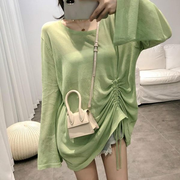 

women's sweaters korean causal thin solid pullover knitwear long sleeve o-neck 2021 summer suncreen knitted women jumpers, White;black