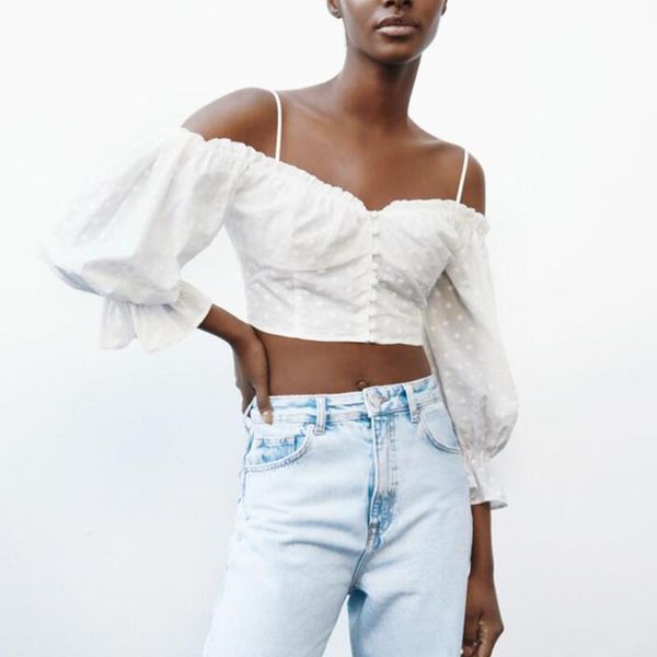 

women's blouses & shirts kumsvag women summer chiffon thin 2021dot embroidery off shoulder female short blusas ly9436, White