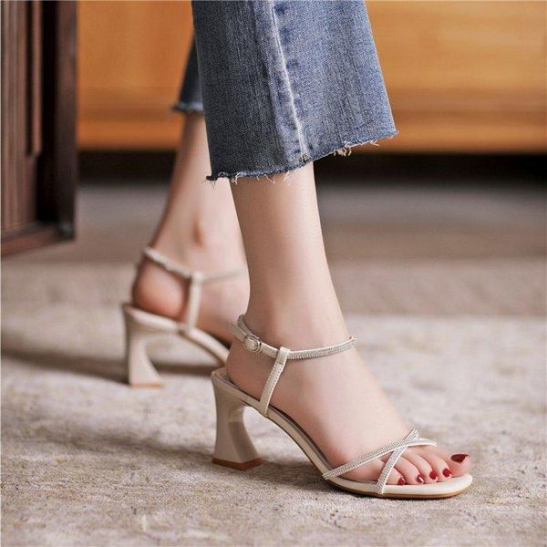 

retro woman shoes rhinestone sandals med summer heels suit female beige original medium fashion comfort 2021 girls black clear