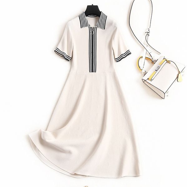 

casual dresses summer short sleeve lapel neck striped print knitted panelled zipper knee-length dress elegant oj2352685 dzz3, Black;gray